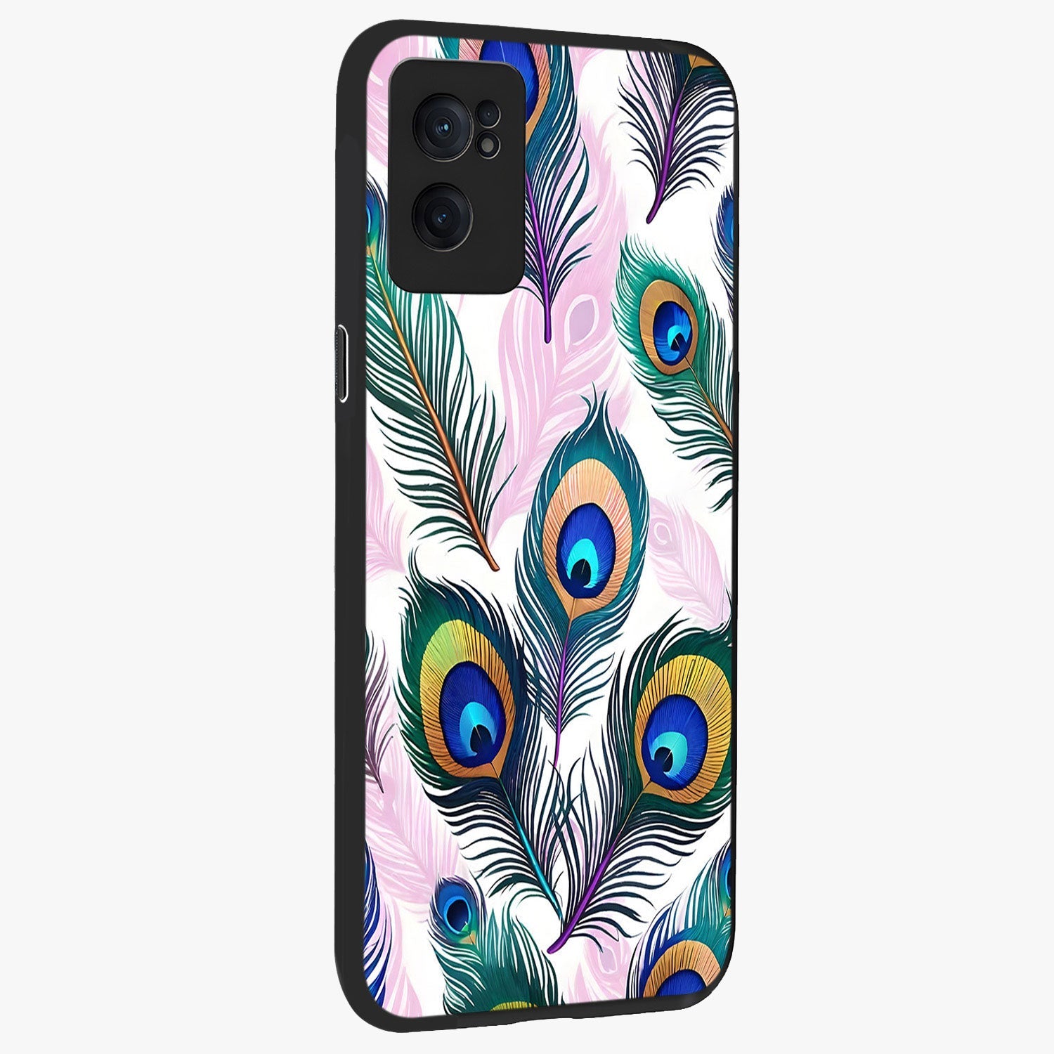 Royal Peacock Feathers Glass Case for 1+Nord CE 2  angled mockup showcasing glossy finish and rich blue green tones