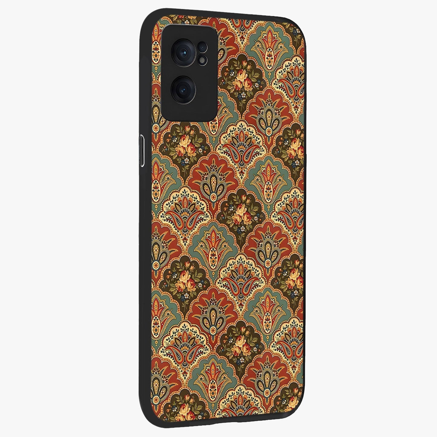 Royal Threadwork Glass Case for 1+Nord Ce 2  angled mockup showcasing glossy finish and rich decorative tones