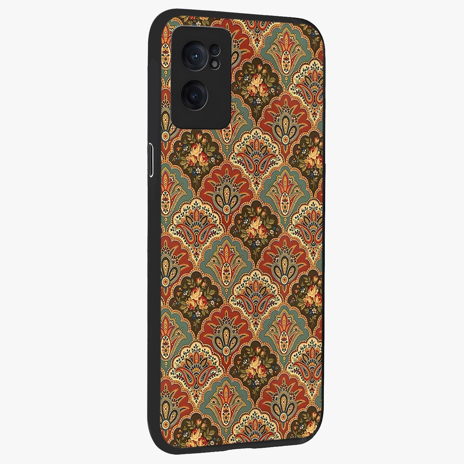 Royal Threadwork Glass Case for 1+Nord Ce 2  angled mockup showcasing glossy finish and rich decorative tones