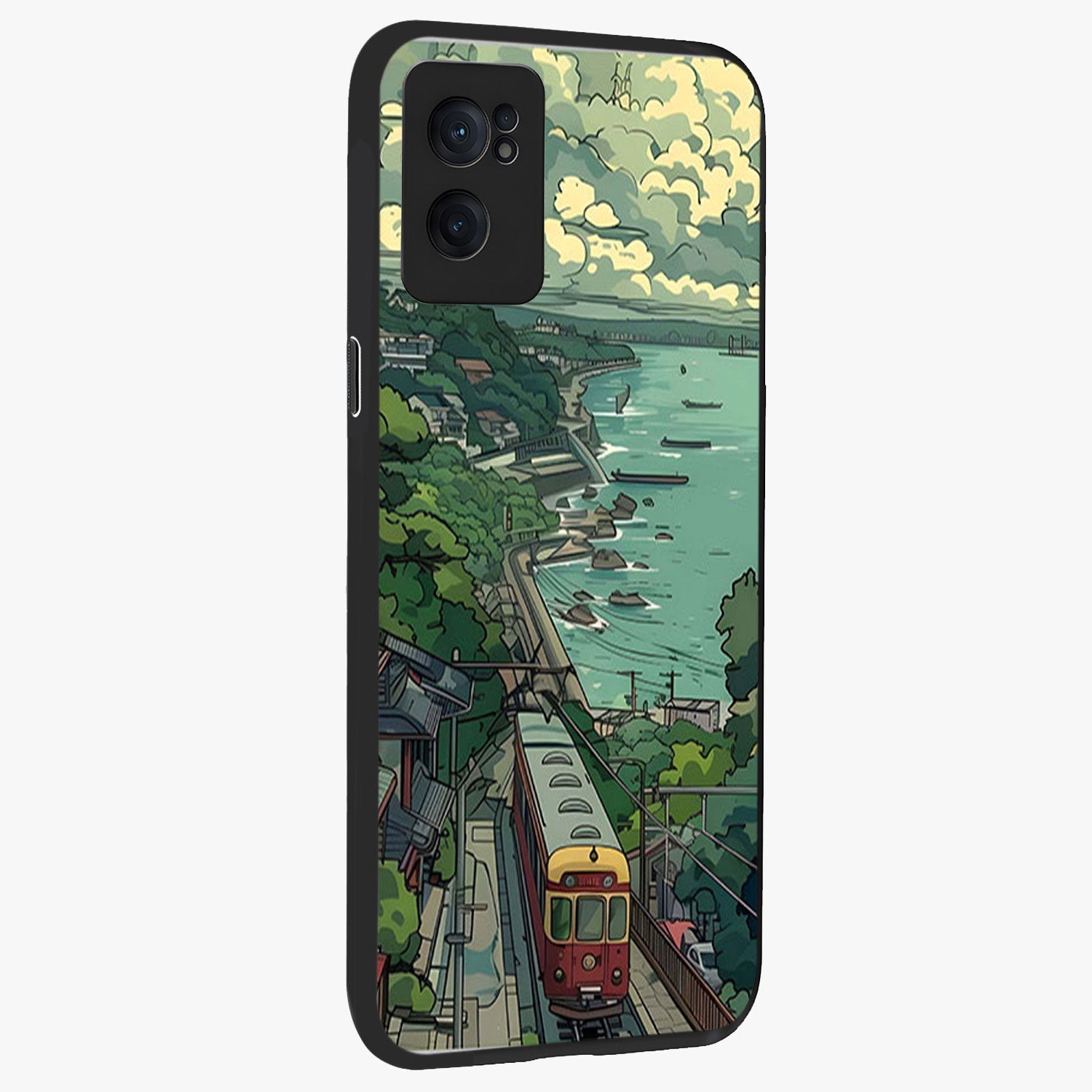 Seaside Train Ride Glass Case for 1+Nord CE 2  angled mockup showcasing glossy finish and calming ocean gradients