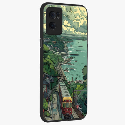 Seaside Train Ride Glass Case for 1+Nord CE 2  angled mockup showcasing glossy finish and calming ocean gradients
