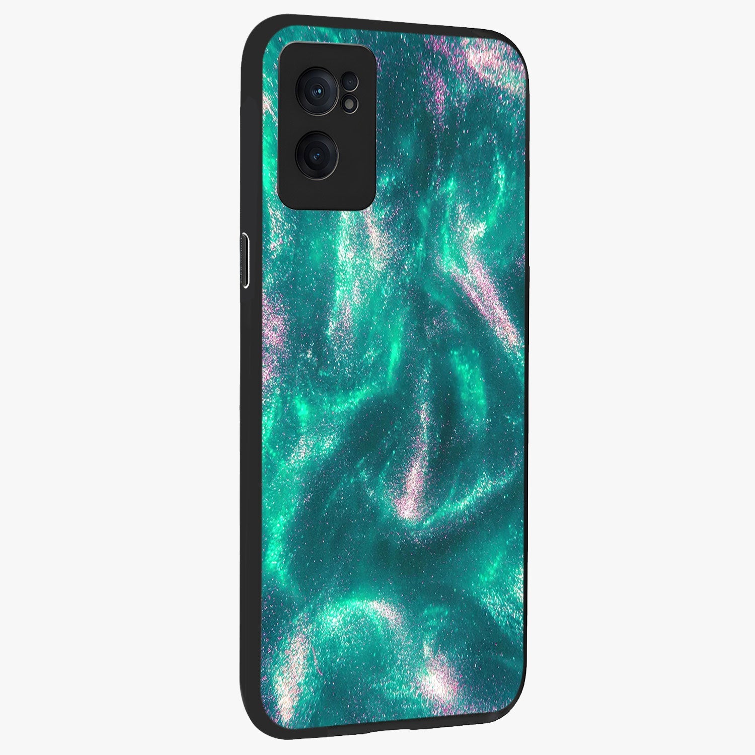 Shimmering Nebula Waves Glass Case for 1+Nord CE 2  angled mockup showcasing glossy finish and deep space gradients