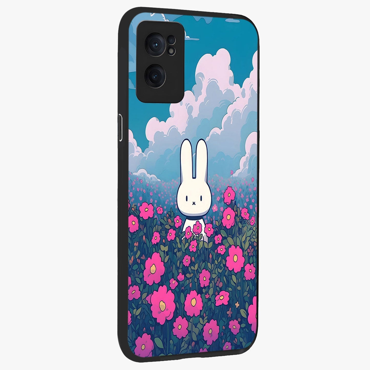 Springtime Blossom Bunny Glass Case for 1+Nord CE 2  angled mockup showcasing glossy finish and soft pastel tones
