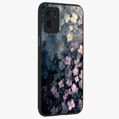 Starlit Blossom Dreams Glass Case for 1+Nord CE 2  angled mockup showcasing glossy finish and soft celestial detailing