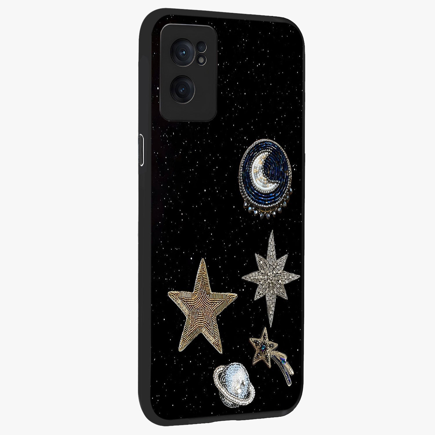 Starlit Cosmic Dreams Glass Case for 1+Nord Ce 2  angled mockup showcasing glossy finish and deep space gradients