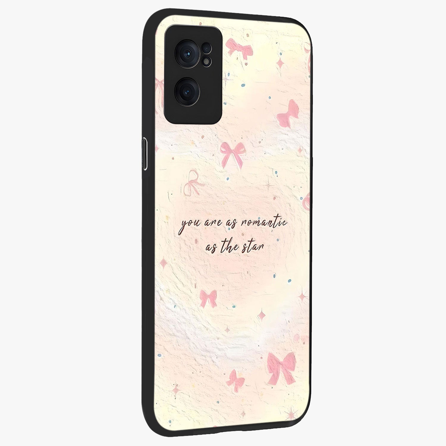 Starry Bow Romance Glass Case for 1+Nord CE 2  angled mockup showcasing glossy finish and soft dreamy tones