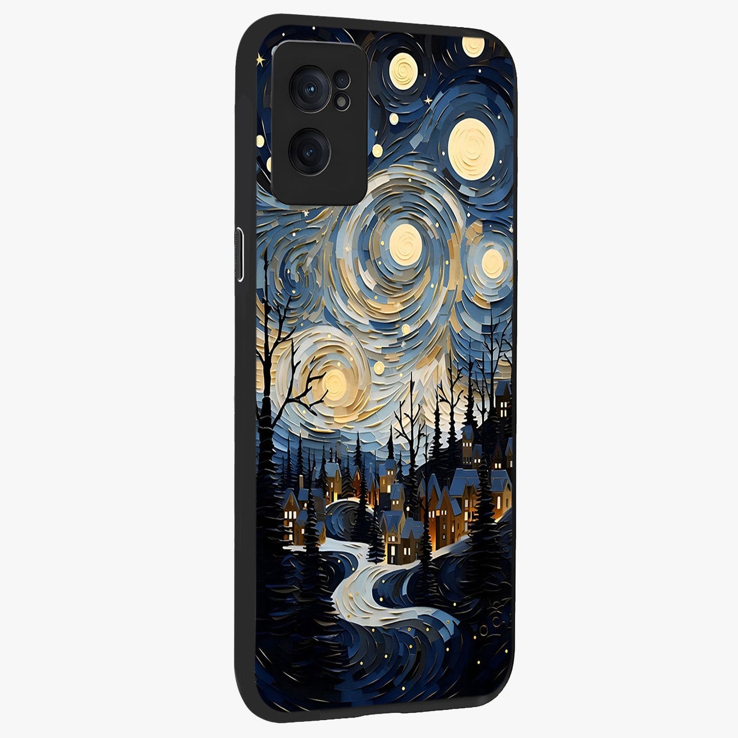 Starry Winter Town Glass Case for 1+Nord Ce 2  angled mockup showcasing glossy finish and cool winter tones