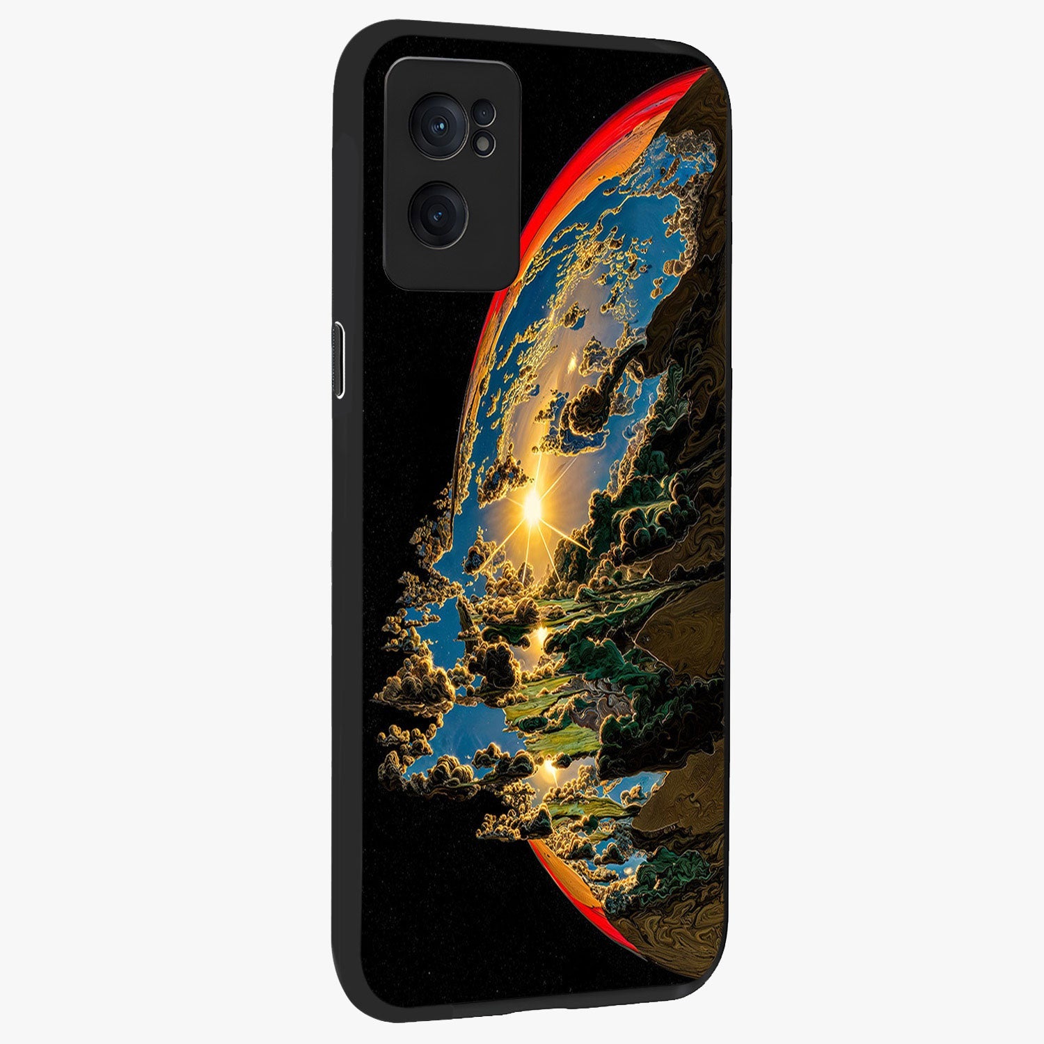 Sunrise Bursting Glass Case for 1+Nord Ce 2  angled mockup showcasing glossy finish and warm golden gradients