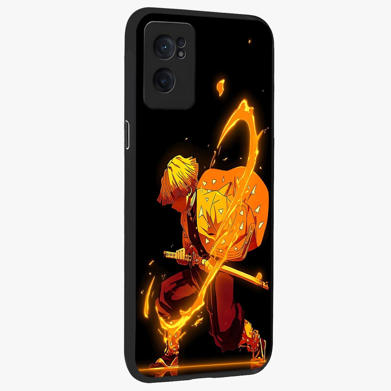 Thunder Flame Execution Glass Case for 1+Nord Ce 2  angled mockup showcasing glossy finish and dramatic high contrast tones
