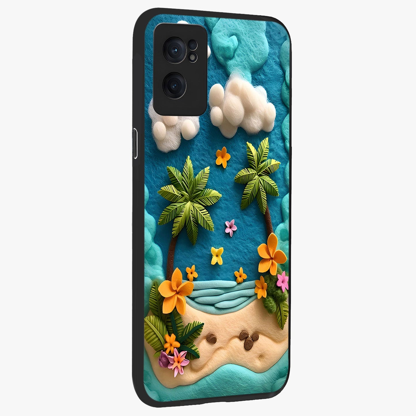 Tropical Felt Escape Glass Case for 1+Nord Ce 2  angled mockup showcasing glossy finish and vibrant island tones