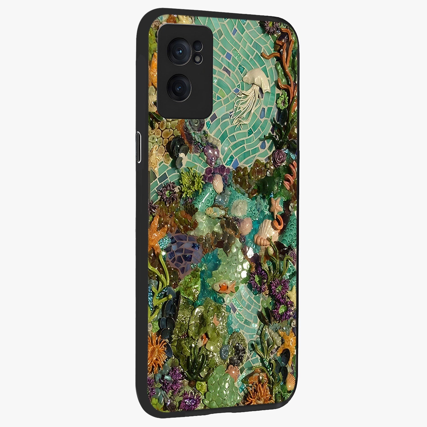 Underwater Mosaic Art Glass Case for 1+Nord CE 2  angled mockup showcasing glossy finish and vibrant aquatic tones
