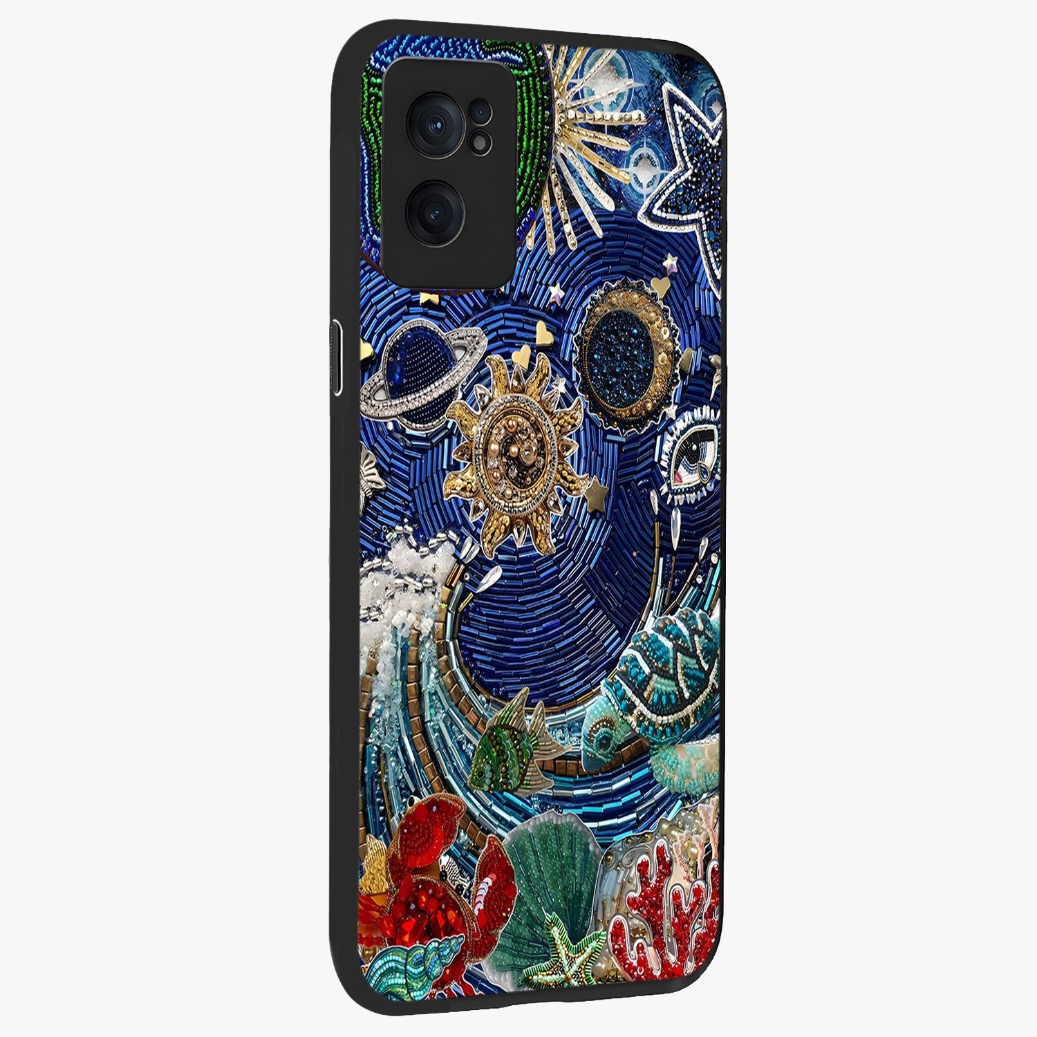 Universe Underwater Spark Glass Case for 1+Nord Ce 2  angled mockup showcasing glossy finish and glowing blue gradients