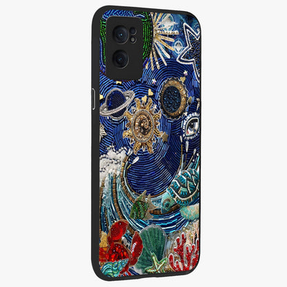 Universe Underwater Spark Glass Case for 1+Nord Ce 2  angled mockup showcasing glossy finish and glowing blue gradients