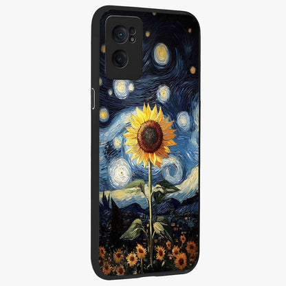 Van Gogh Sunflower Glass Case for 1+Nord Ce 2  angled mockup showcasing glossy finish and bold yellow tones