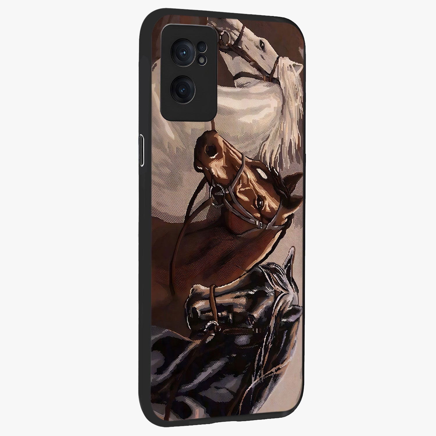 Wild Trio Gallop Glass Case for 1+Nord Ce 2  angled mockup showcasing glossy glass finish and bold equestrian detailing