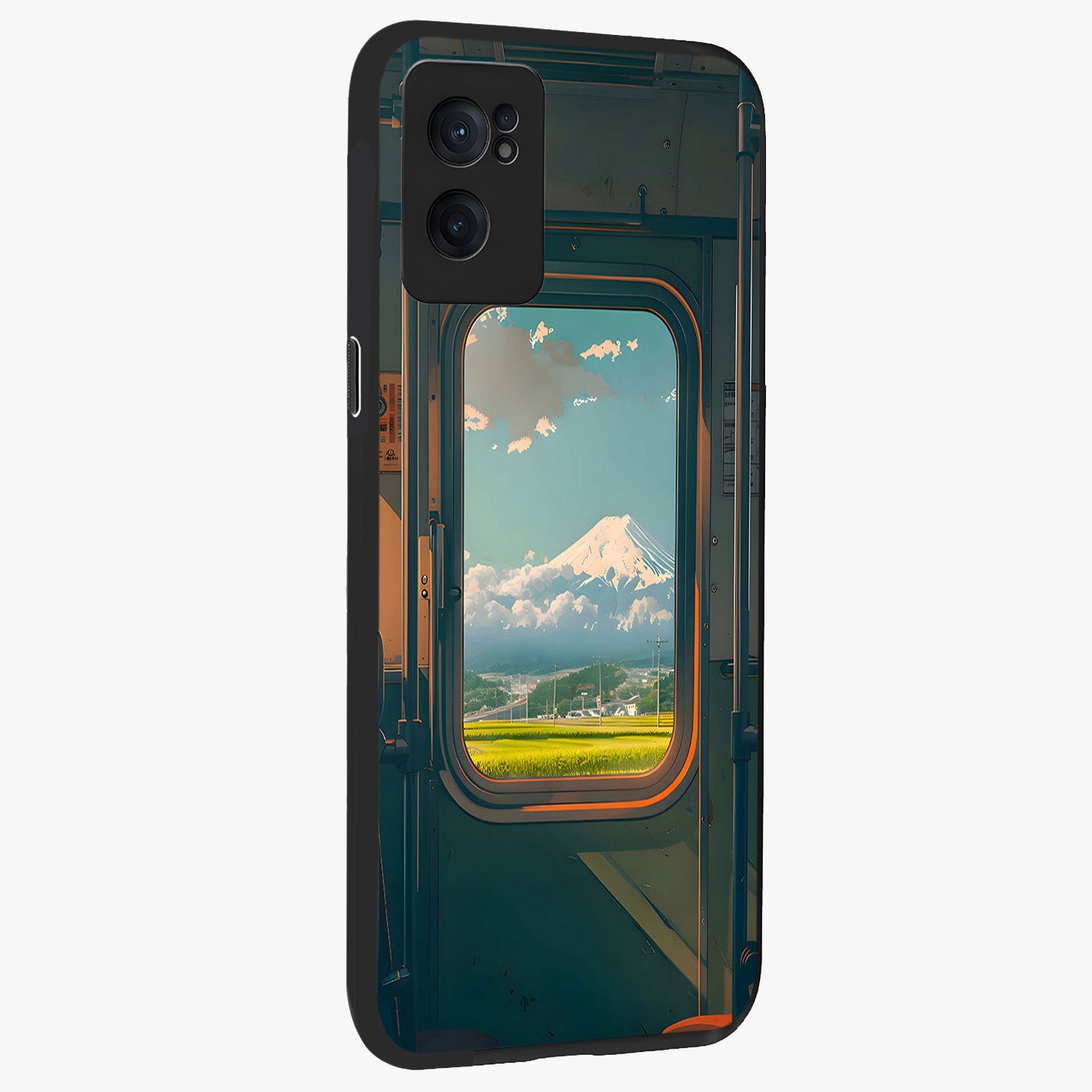 Window to Fuji Glass Case for 1+Nord Ce 2  angled mockup showcasing glossy finish and serene landscape tones