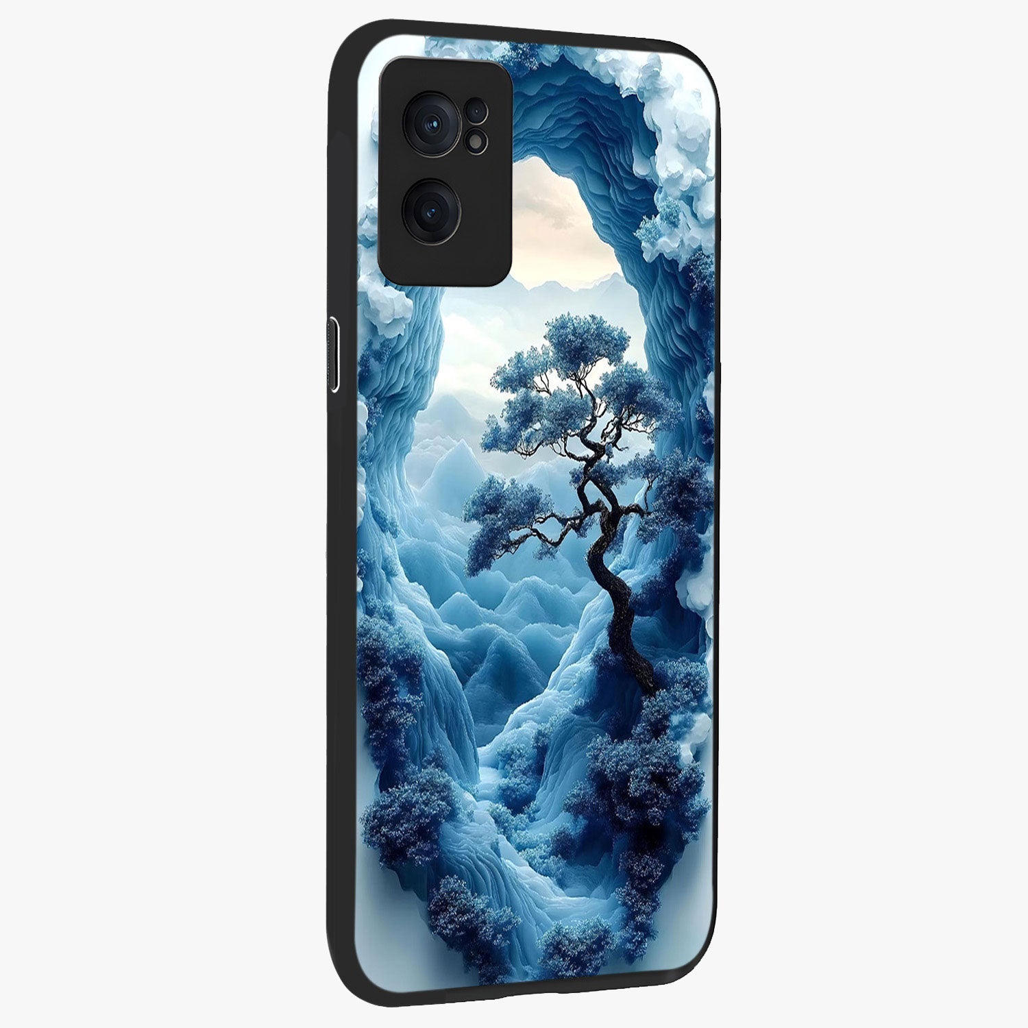 Winter Gate View Glass Case for 1+Nord Ce 2  angled mockup showcasing glossy finish and cool winter gradients