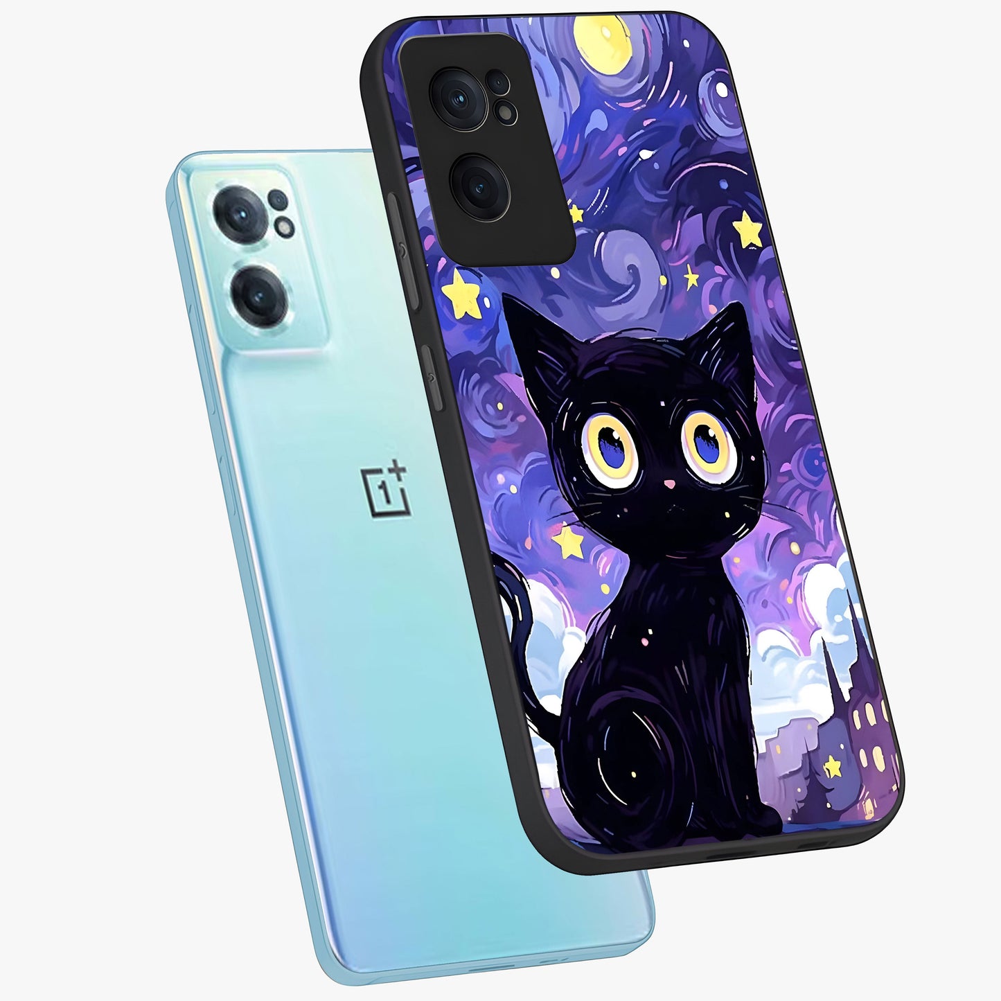 Abstract Cat Art Glass Case for 1+Nord CE 2  stylish side perspective highlighting bold abstract artwork details