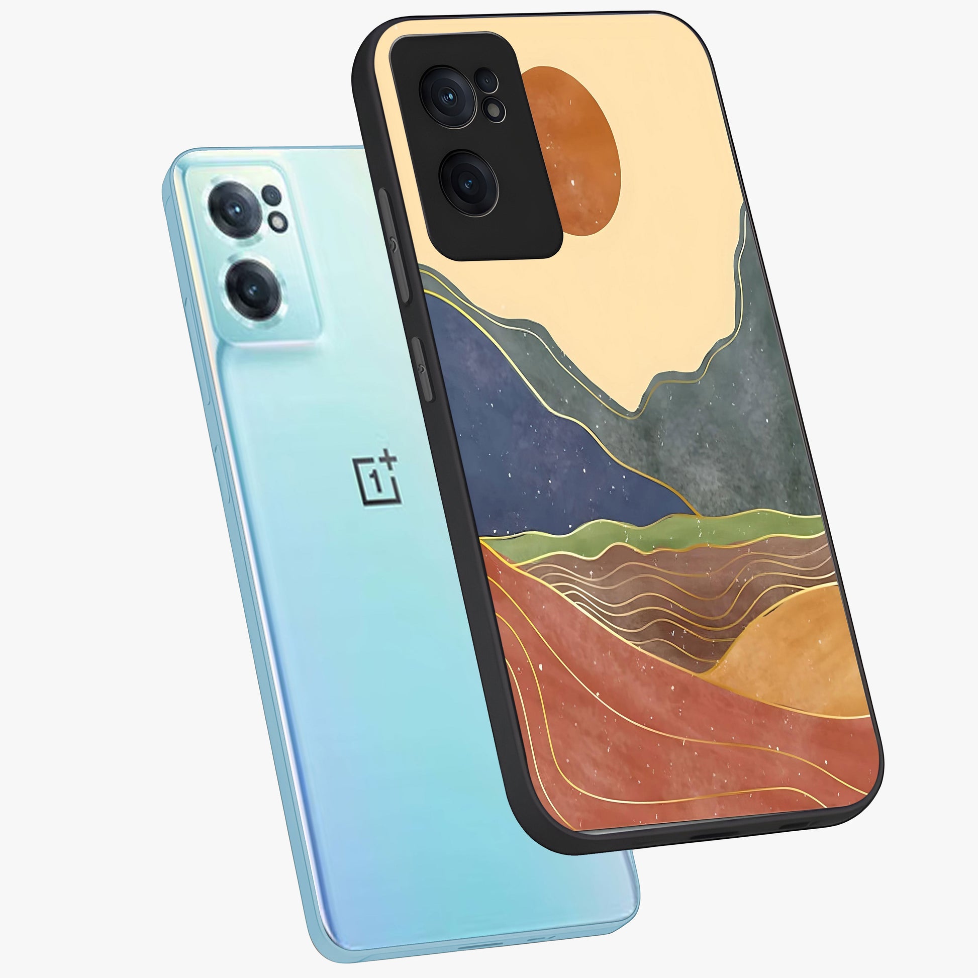 Abstract Mountain Glow Glass Case for 1+Nord CE 2  side perspective highlighting luminous mountain design details
