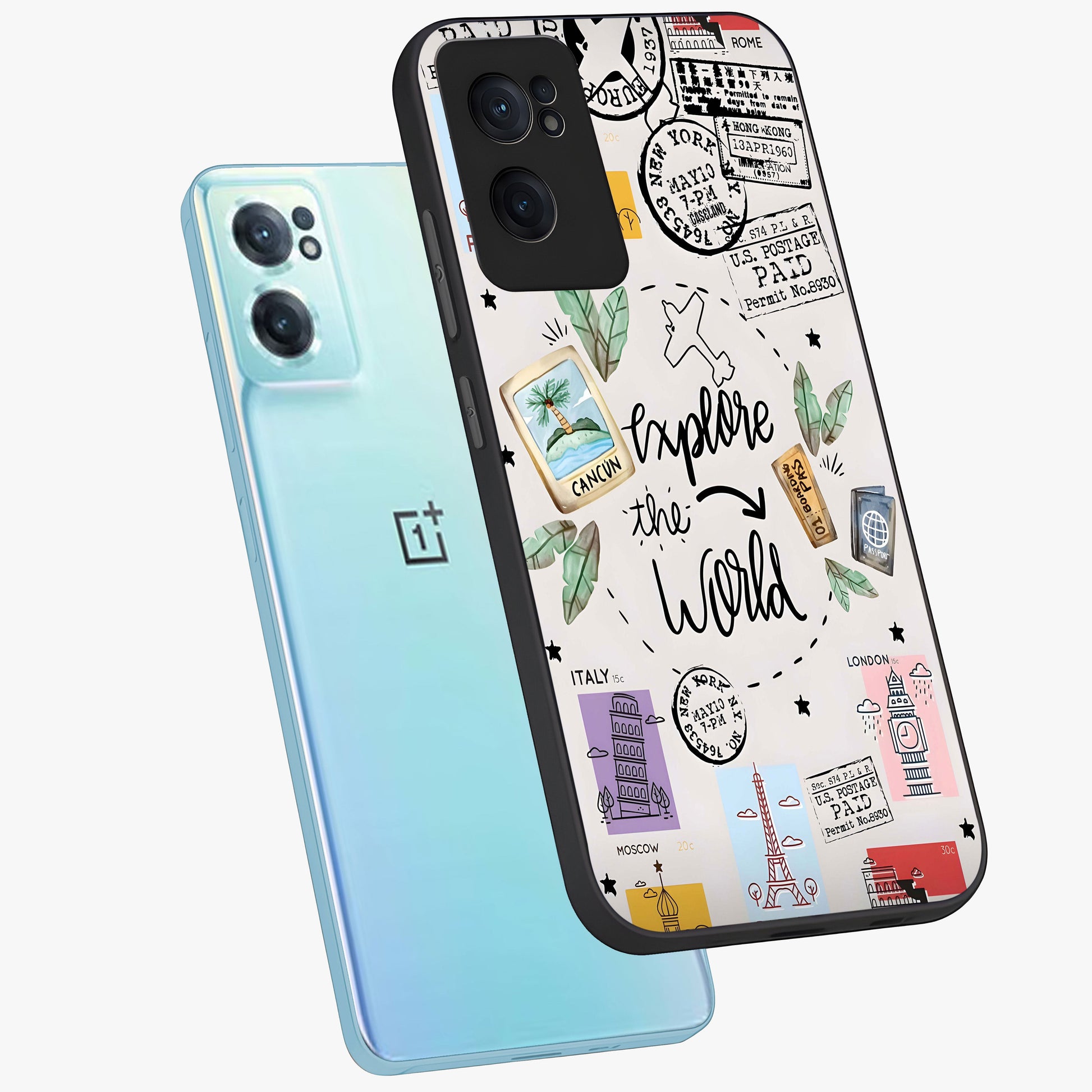 Adventure Awaits Art Glass Case for 1+Nord CE 2  side perspective highlighting motivational travel graphic details