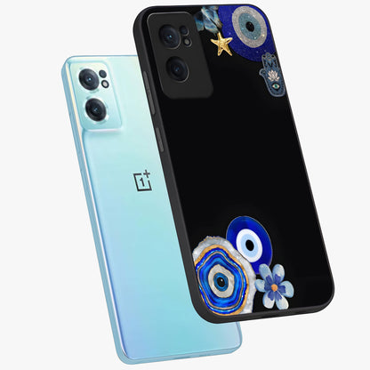 Aesthetic Blue Evil Eye Glass Case for 1+Nord Ce 2  side perspective highlighting bold blue evil eye detailing