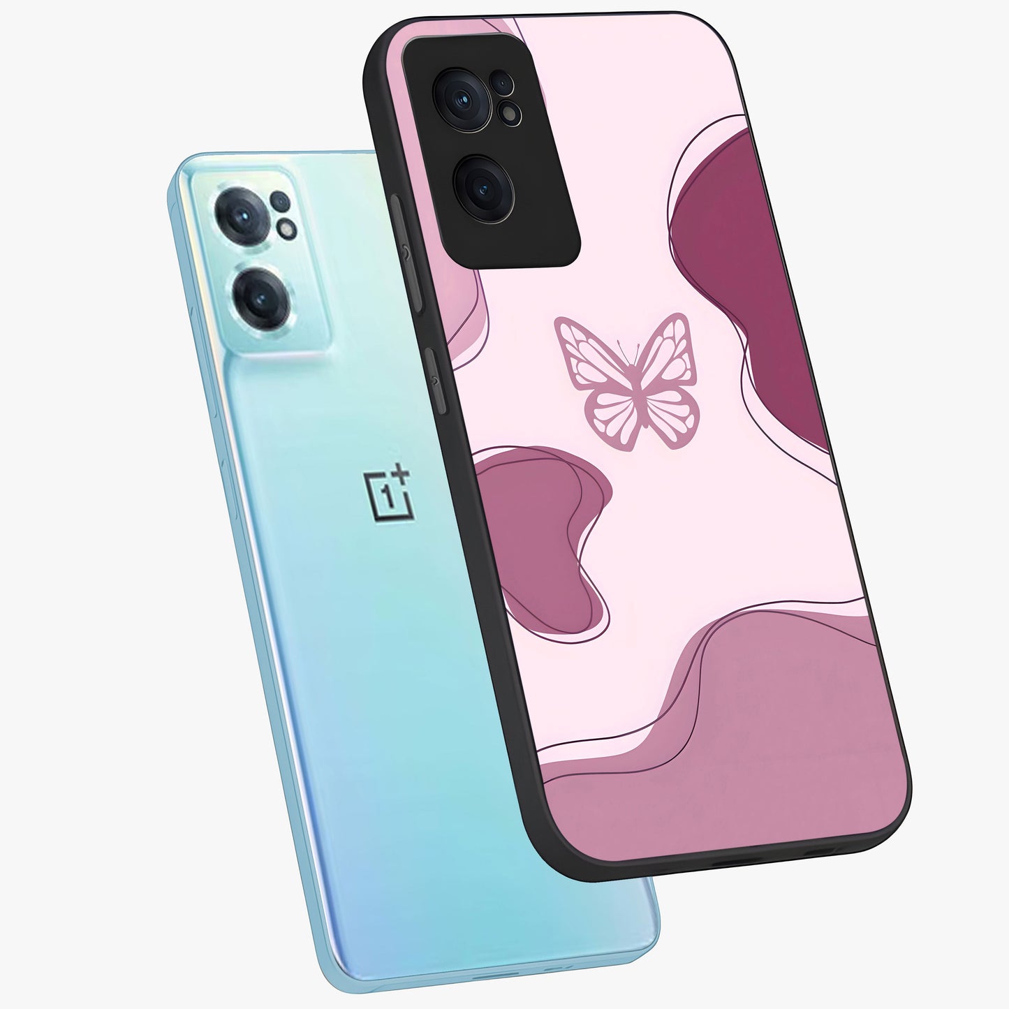 Aesthetic Pinkish Custom Name Butterfly Glass Case for 1+Nord Ce 2  side perspective highlighting premium edges and butterfly detailing