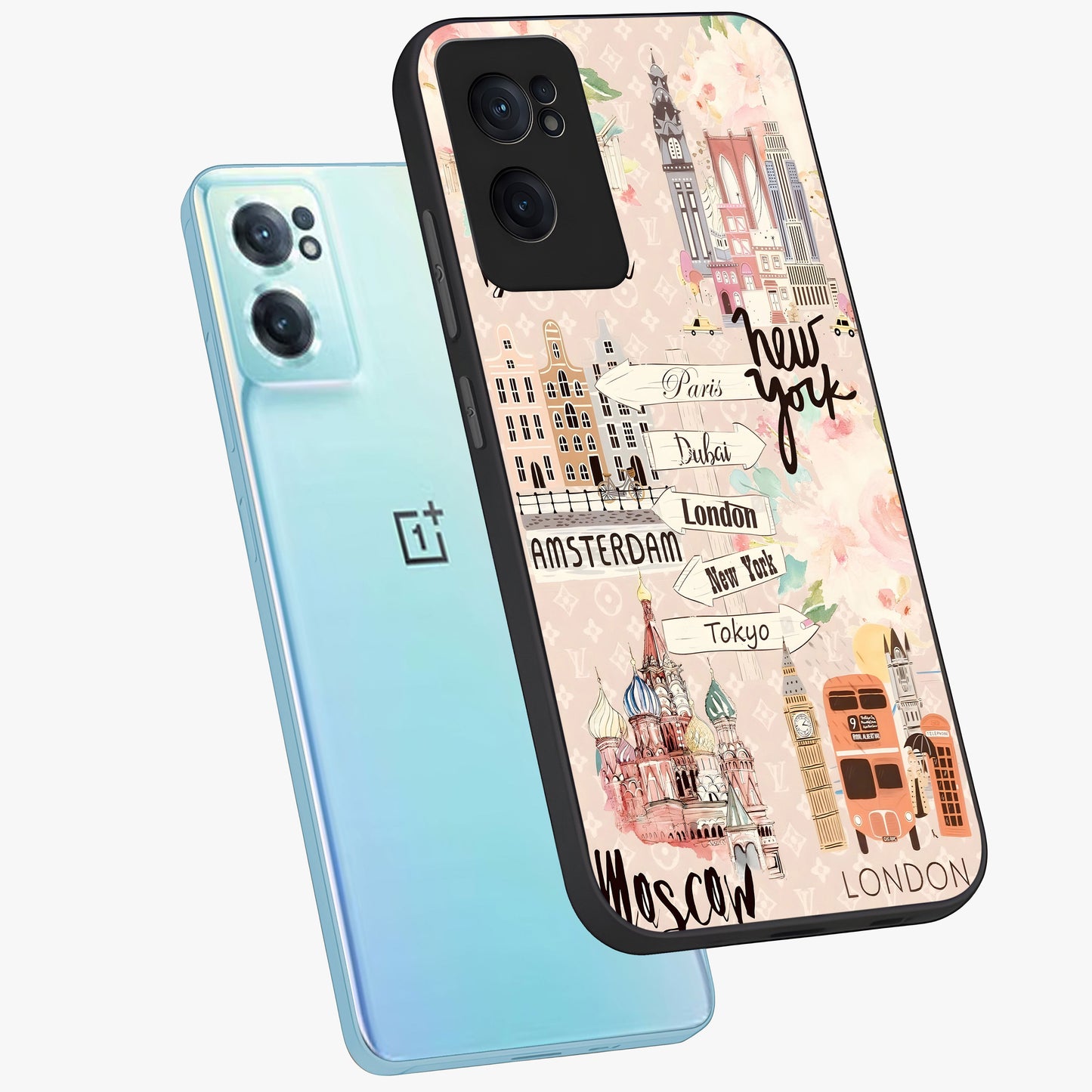 Aesthetic Travel Glass Case for 1+Nord CE 2  side perspective highlighting bold travel graphic details