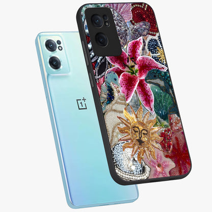 Beaded Garden Fantasy Glass Case for 1+Nord Ce 2  side perspective highlighting intricate bead patterns and vibrant colors