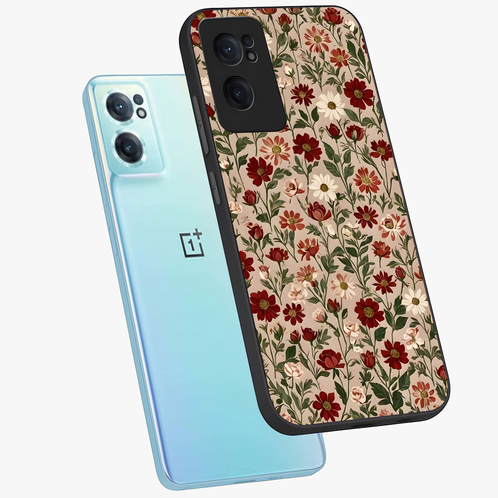 Biege Flower With Leaf Glass Case for 1+Nord CE 2  side perspective highlighting subtle tones and elegant flower texture