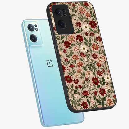 Biege Flower With Leaf Glass Case for 1+Nord CE 2  side perspective highlighting subtle tones and elegant flower texture