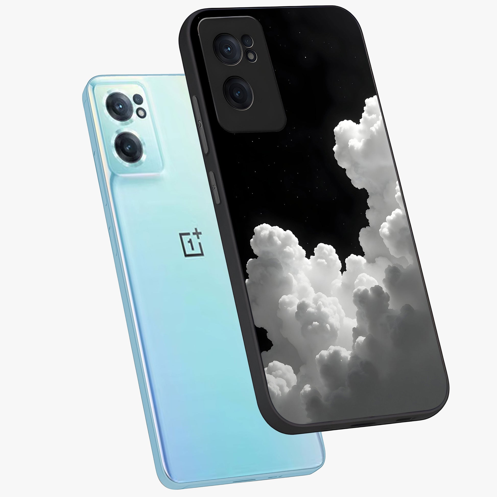 Black Background With White Cloud Glass Case for 1+Nord CE 2  side perspective highlighting smooth edges and minimalist sky theme