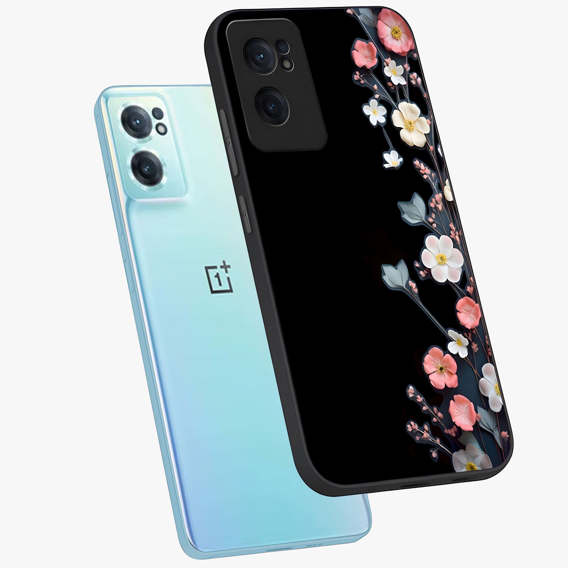 Black Elegance Floral Custom Name Glass Case for 1+Nord CE 2  side perspective highlighting elegant floral detailing and premium edges