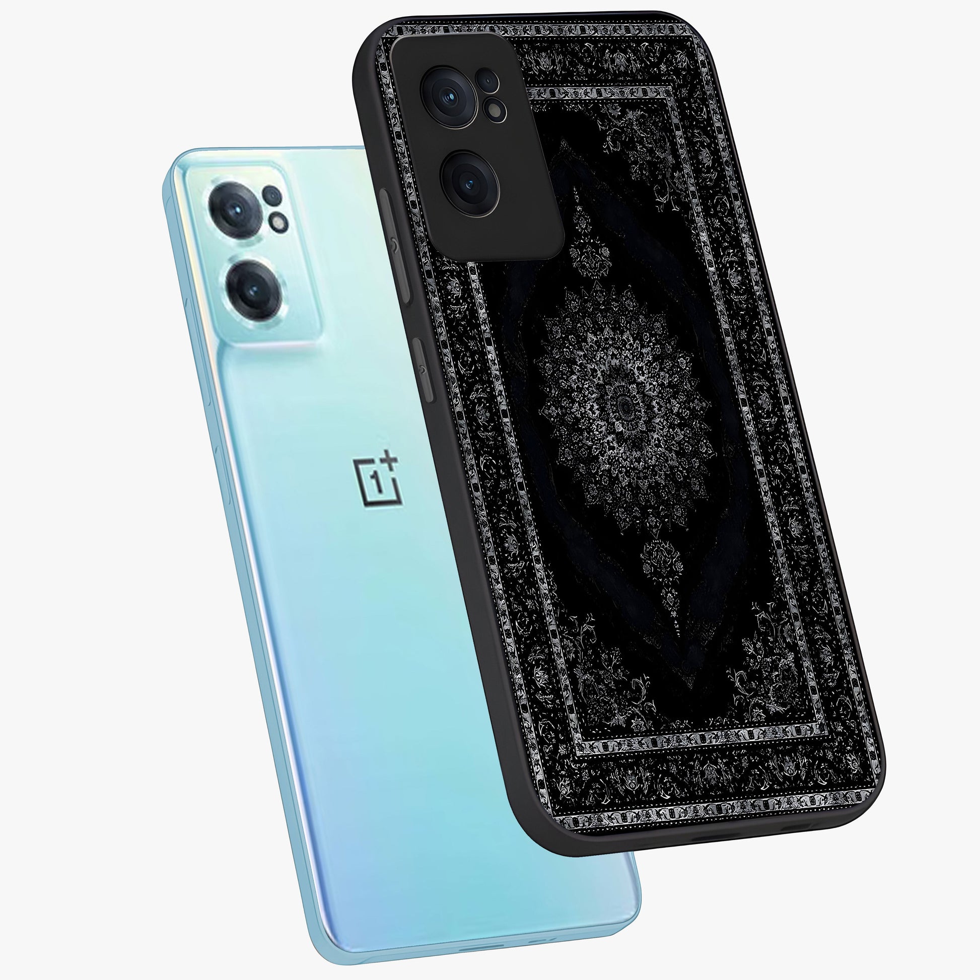 Black Persian Carpet Glass Case for 1+Nord CE 2  side perspective highlighting classic pattern textures and premium build