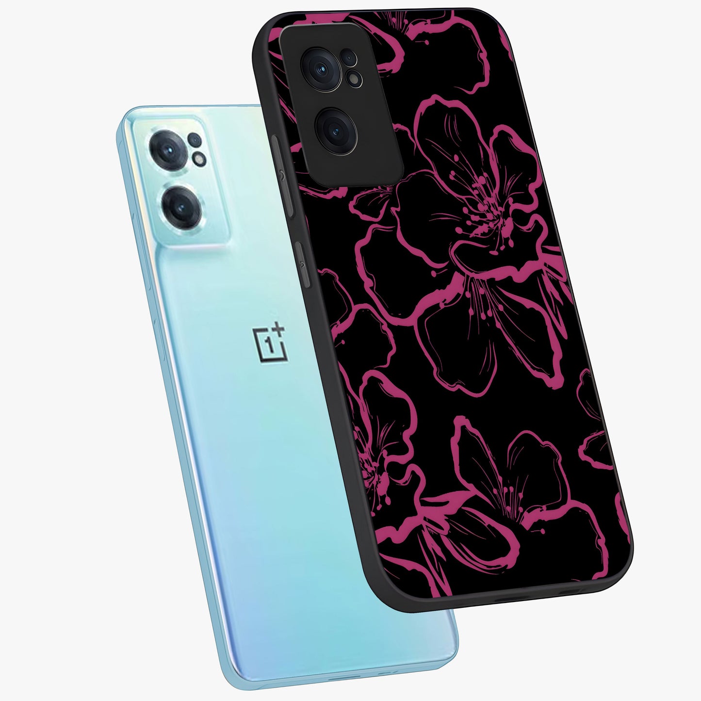 Black Violet Sketch Garden Glass Case for 1+Nord CE 2  side perspective highlighting elegant sketch detailing and premium finish