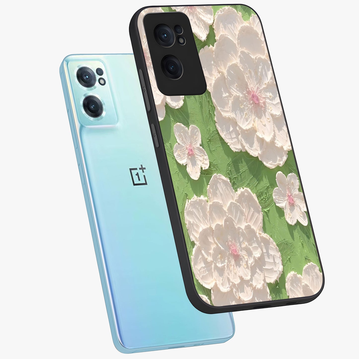 Blossom Meadow Dreams Glass Case for 1+Nord CE 2  side perspective highlighting serene floral design and smooth edges