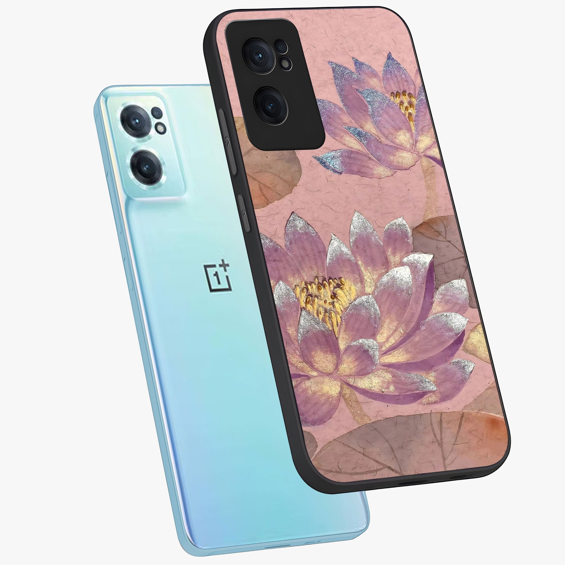 Blossom Mist Lotus Glass Case for 1+Nord Ce 2  side perspective highlighting elegant lotus illustration and premium build