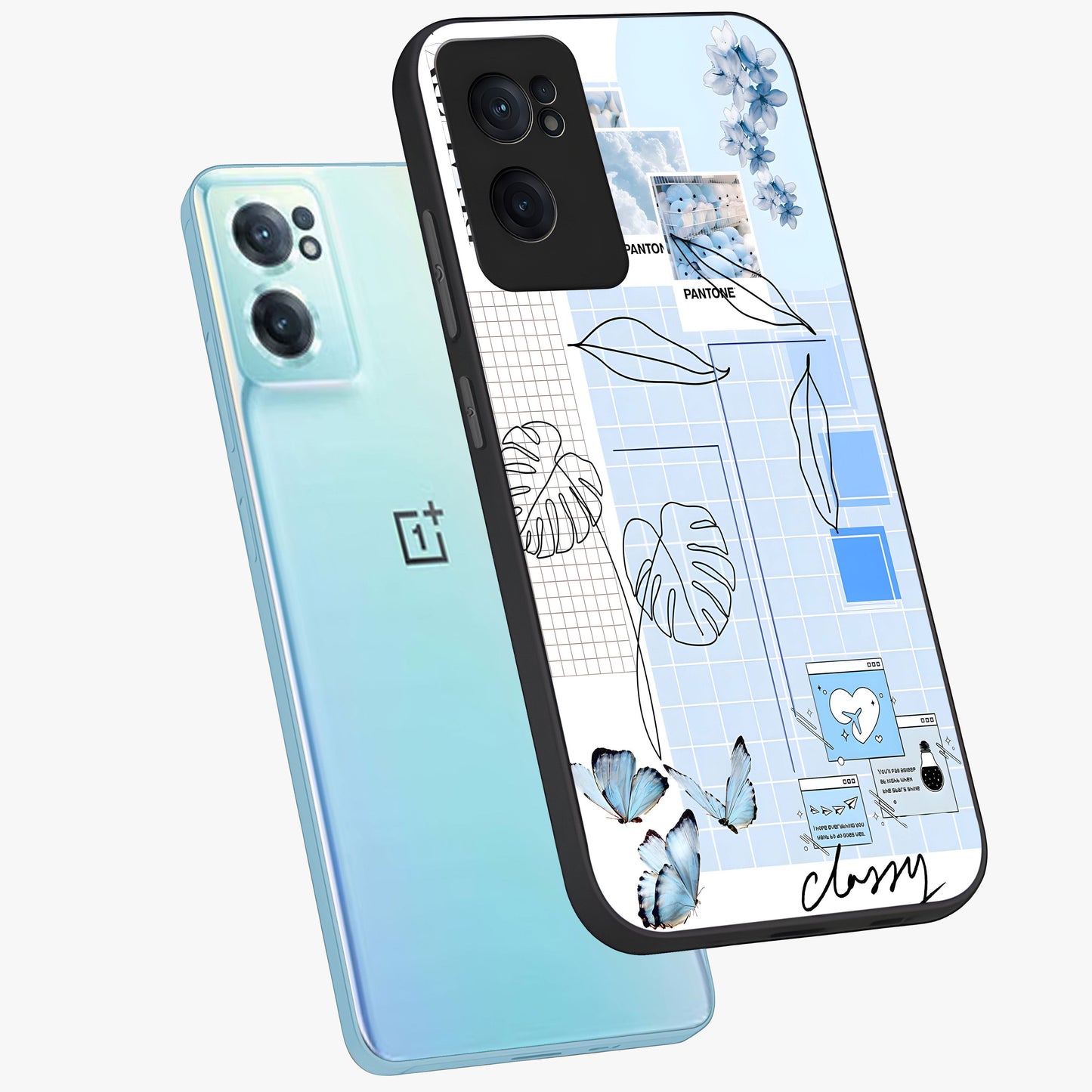 Blue Aesthetic Flower Glass Case for 1+Nord CE 2  side perspective highlighting calming blue tones and premium detailing