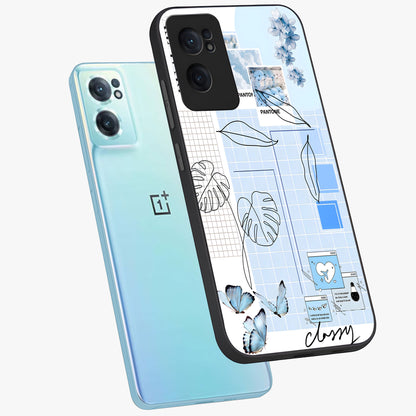 Blue Aesthetic Flower Glass Case for 1+Nord CE 2  side perspective highlighting calming blue tones and premium detailing