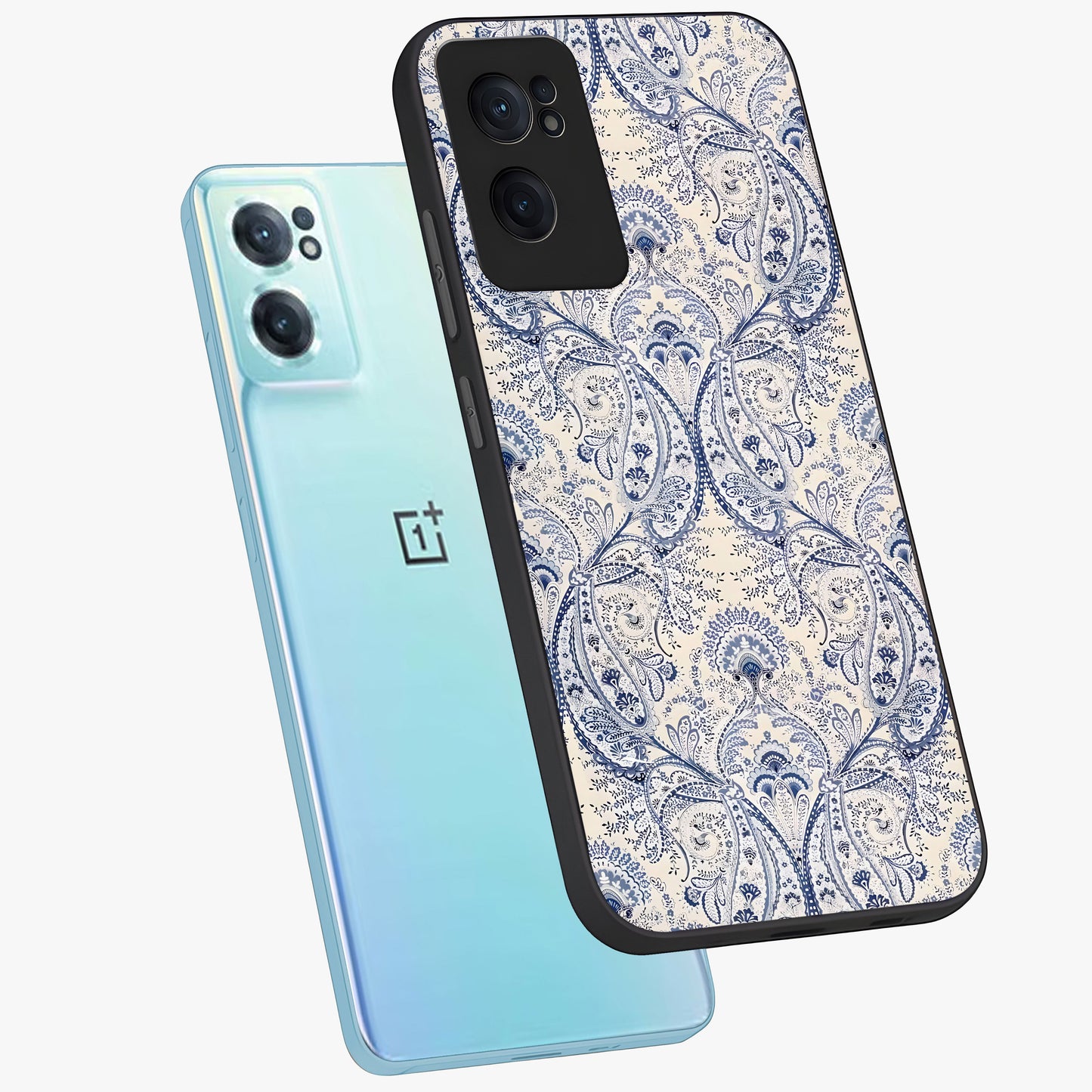 Blue Paisley Bloom Glass Case for 1+Nord CE 2  side perspective highlighting elegant paisley textures and premium build