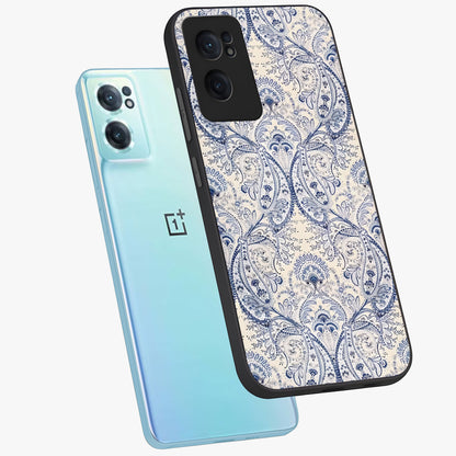 Blue Paisley Bloom Glass Case for 1+Nord CE 2  side perspective highlighting elegant paisley textures and premium build