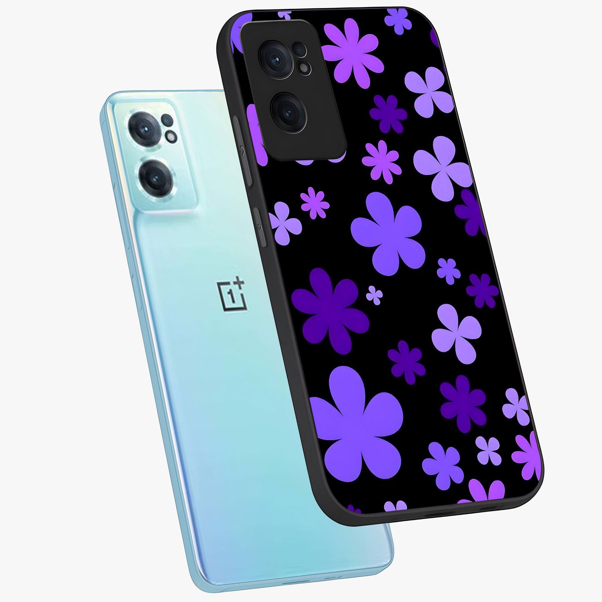 Blue Retro Pop Flowers Glass Case for 1+Nord CE 2  side perspective highlighting colorful vintage floral detailing