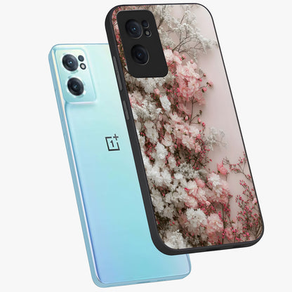 Blush Blossom Cloud Glass Case for 1+Nord CE 2  side perspective highlighting airy blush detailing and premium build