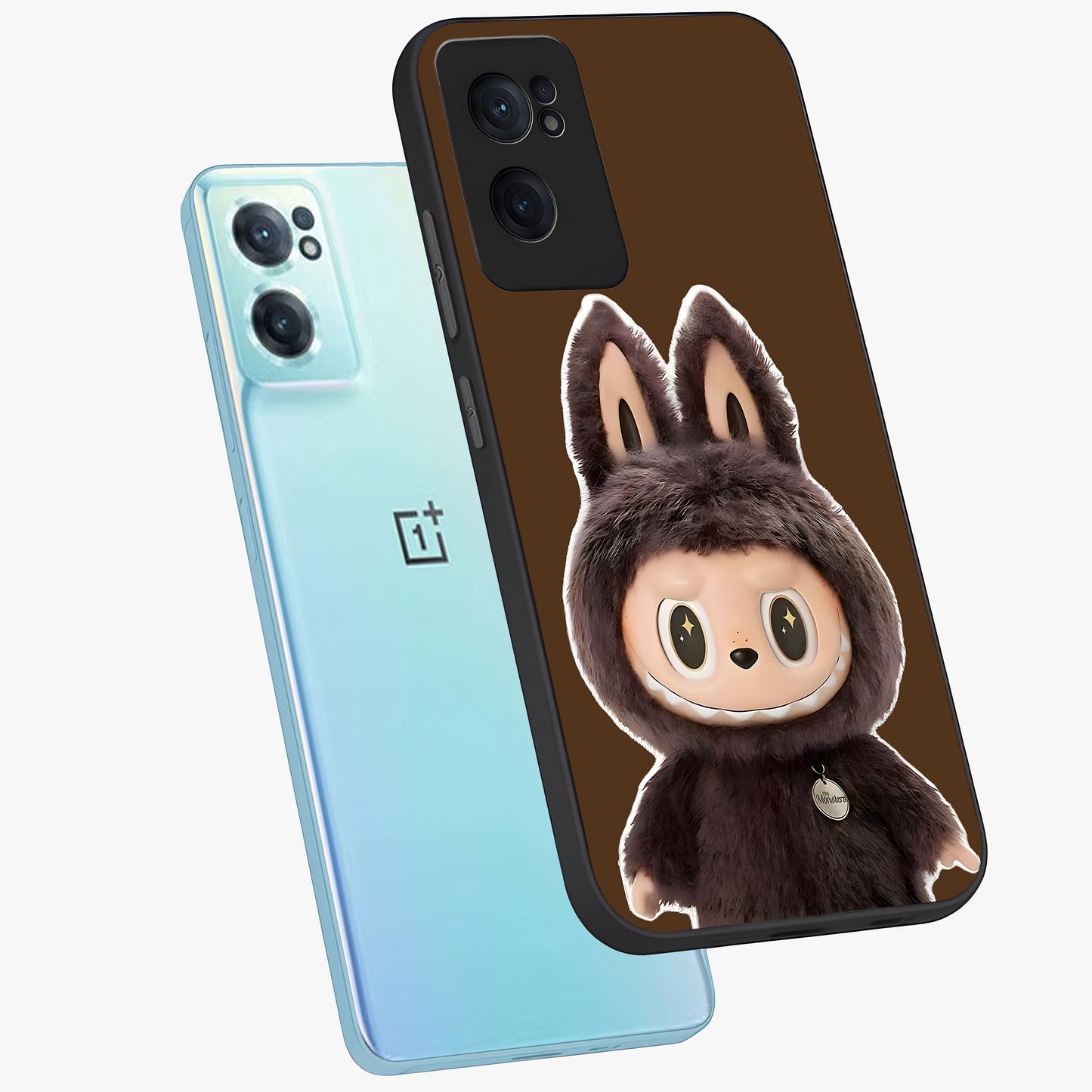 Brown Labubu Design Glass Case for 1+Nord Ce 2  side perspective highlighting charming character detailing and smooth edges