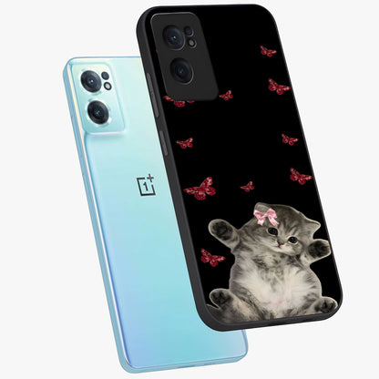 Butterfly Cat Bliss Glass Case for 1+Nord CE 2  side perspective highlighting delicate butterfly detailing and smooth edges