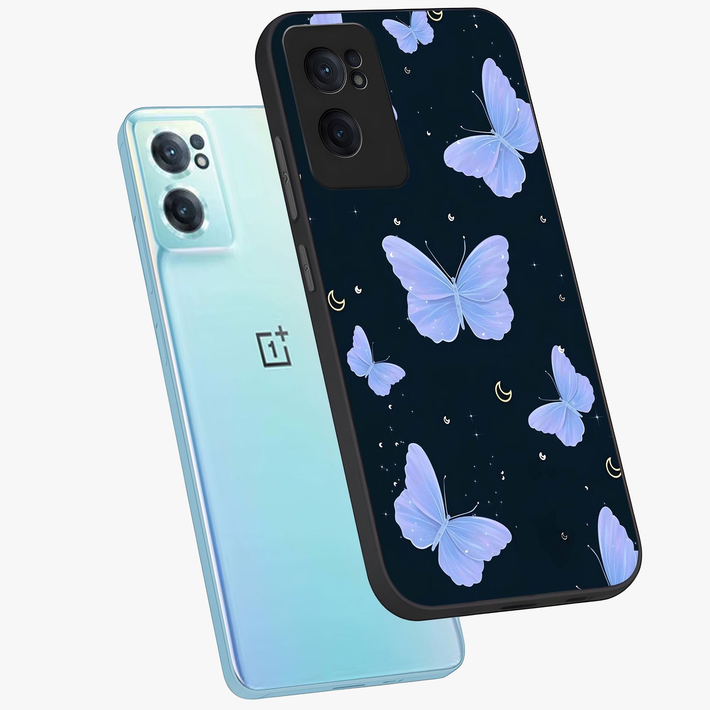 Butterfly With Stars Pattern Glass Case for 1+Nord CE 2  side perspective highlighting glowing star details and premium edges