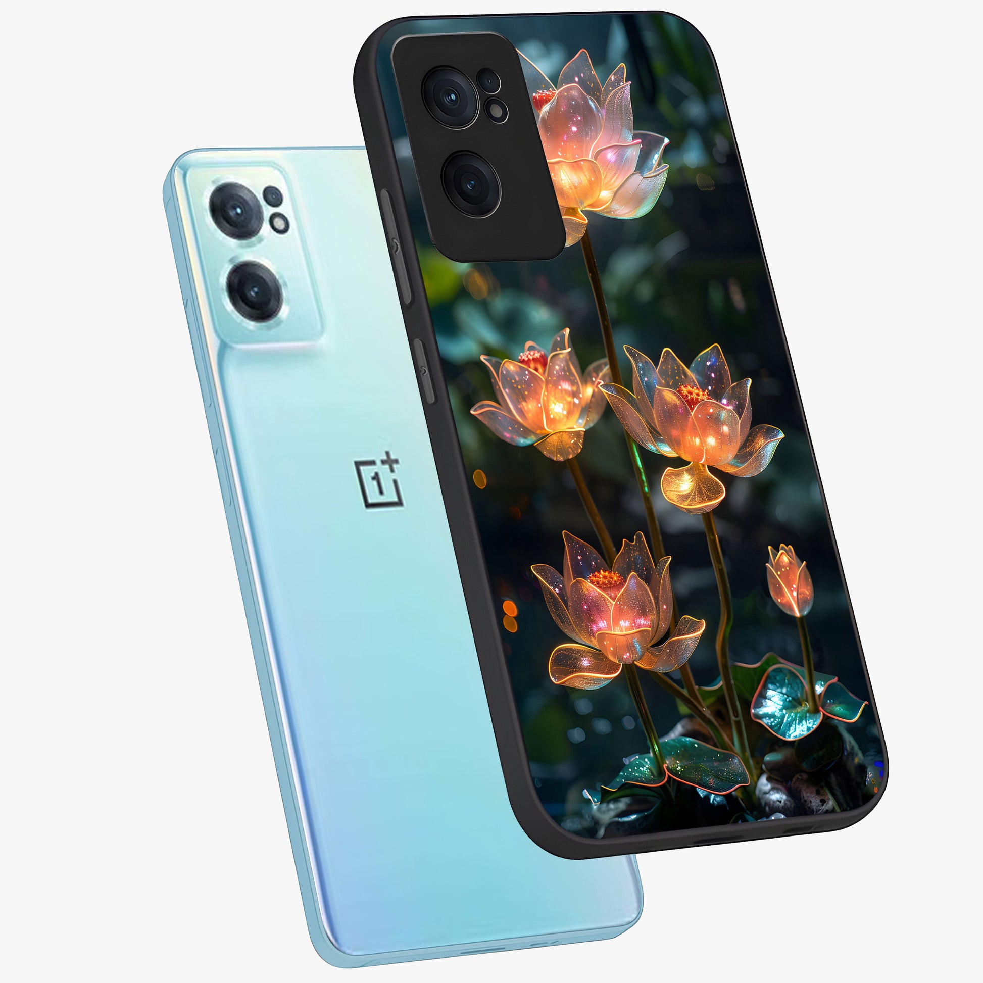 Celestial Lotus Light Glass Case for 1+Nord CE 2  side perspective highlighting delicate lotus detailing and premium finish
