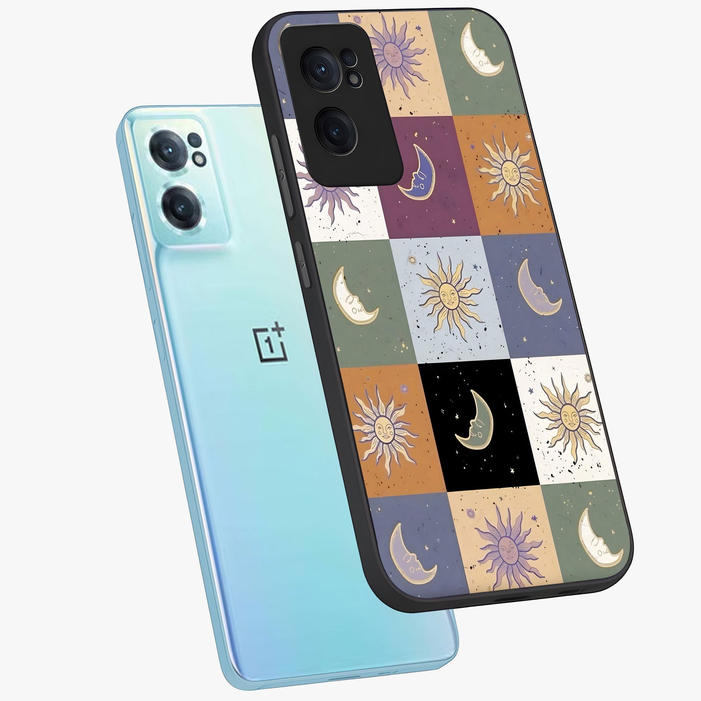Celestial Patchwork Dreams Glass Case for 1+Nord CE 2  side perspective highlighting vibrant patchwork detailing and sleek edges