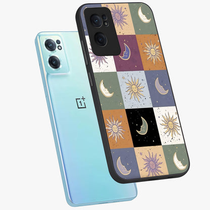 Celestial Patchwork Dreams Glass Case for 1+Nord CE 2  side perspective highlighting vibrant patchwork detailing and sleek edges