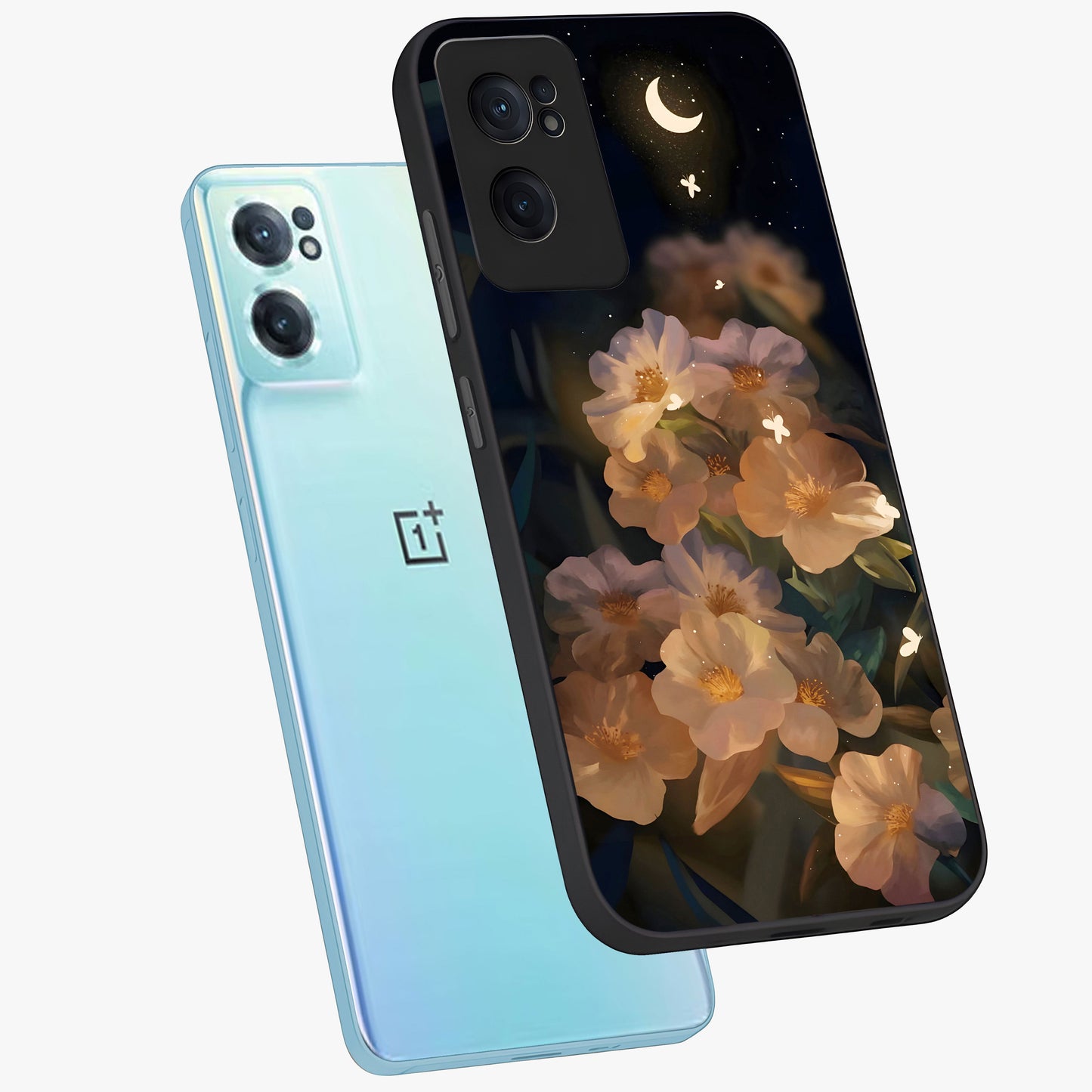 Celestial Petal Night Glass Case for 1+Nord CE 2  side perspective highlighting delicate petal details and premium edges