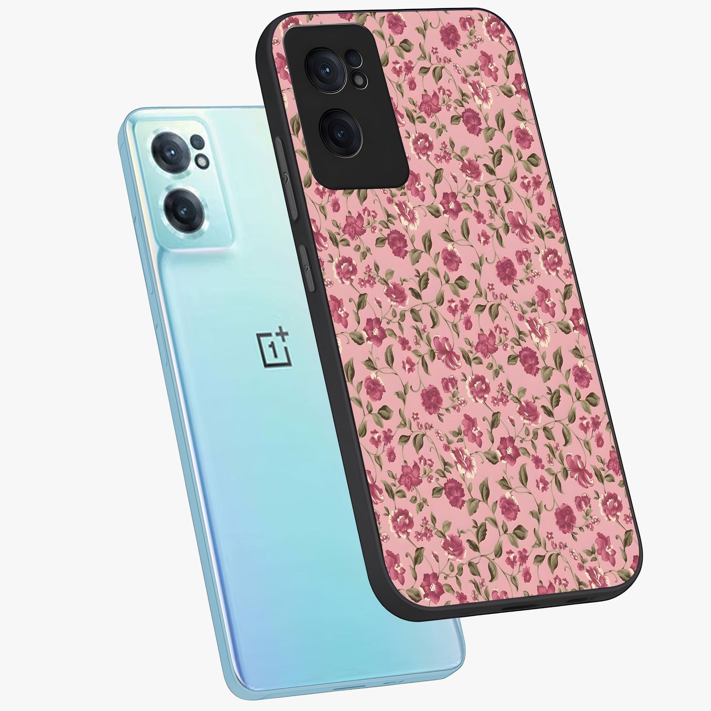 Charming Pink Floral Glass Case for 1+Nord CE 2  side perspective highlighting subtle floral textures and smooth edges